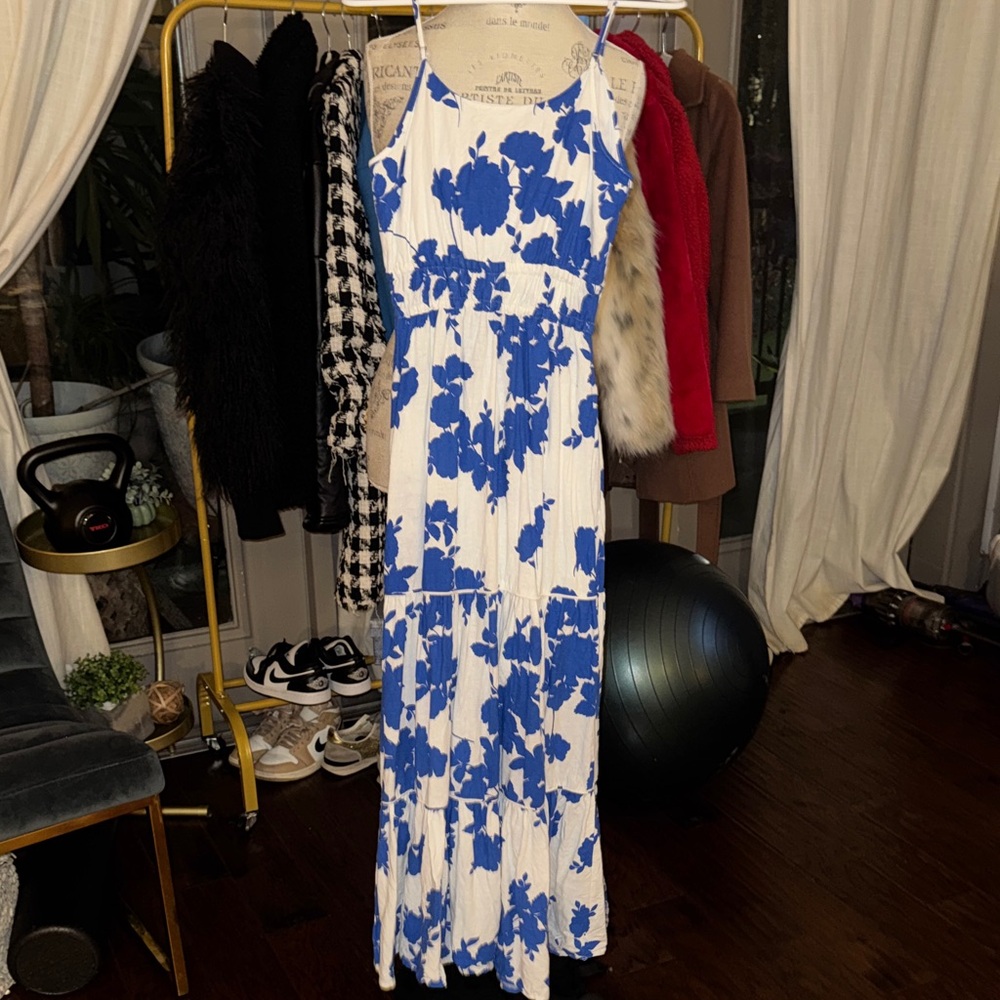 Cynthia Rowley Blue White Floral Maxi Dress w/ hand pockets adjustable straps XS - Picture 9 of 14